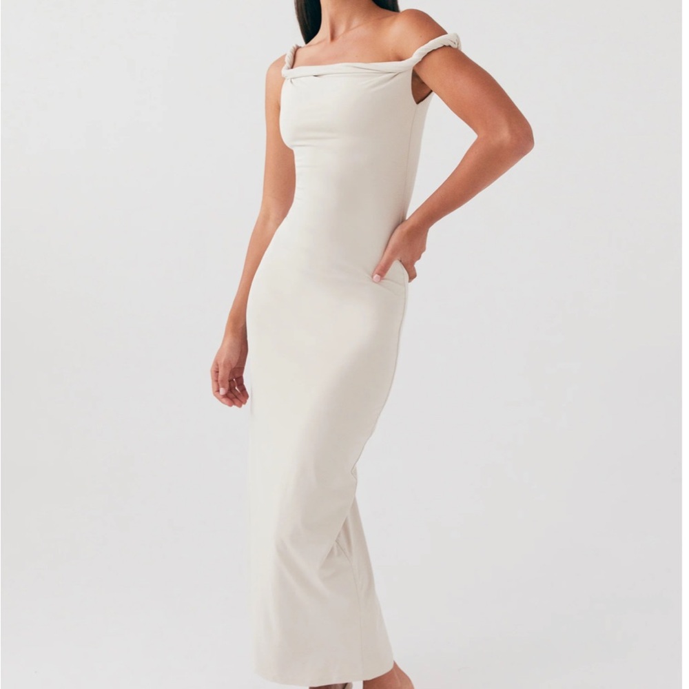 Peppermayo Exclusive - Arabella Twist Shoulder Maxi Dress - Beige